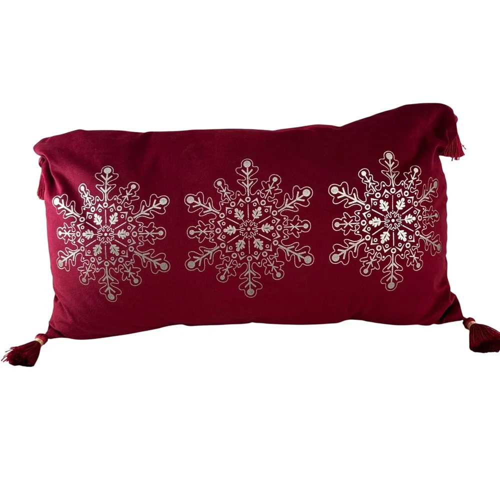 Burgundy Red Velvet Snowflake Lumbar Pillow Silver Metal Tassels 20x12 Holiday